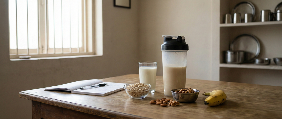 Editorial-style image showing whey protein powder in a shaker placed with common Indian foods like milk, oats, nuts, and banana in a natural home setting.