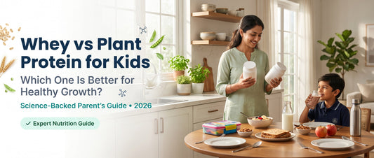 Whey protein vs plant protein for kids comparison with an Indian parent and child at breakfast.