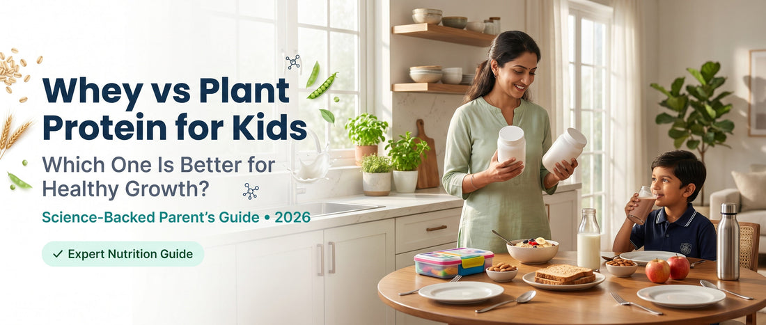 Whey protein vs plant protein for kids comparison with an Indian parent and child at breakfast.