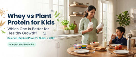 Whey protein vs plant protein for kids comparison with an Indian parent and child at breakfast.