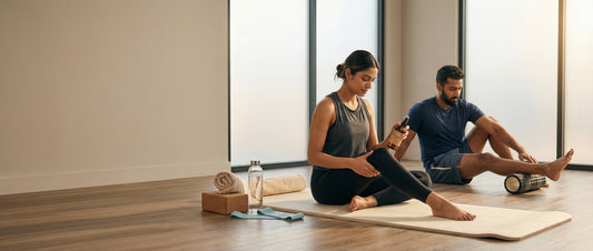 Indian athletes using magnesium oil on leg muscles after workout to support recovery, reduce cramps, and ease stiffness