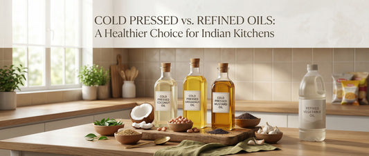 Glass bottles of cold pressed coconut, groundnut, and mustard oils on a wooden kitchen counter with raw ingredients, showing the difference between cold pressed and refined cooking oils in an Indian home setting.