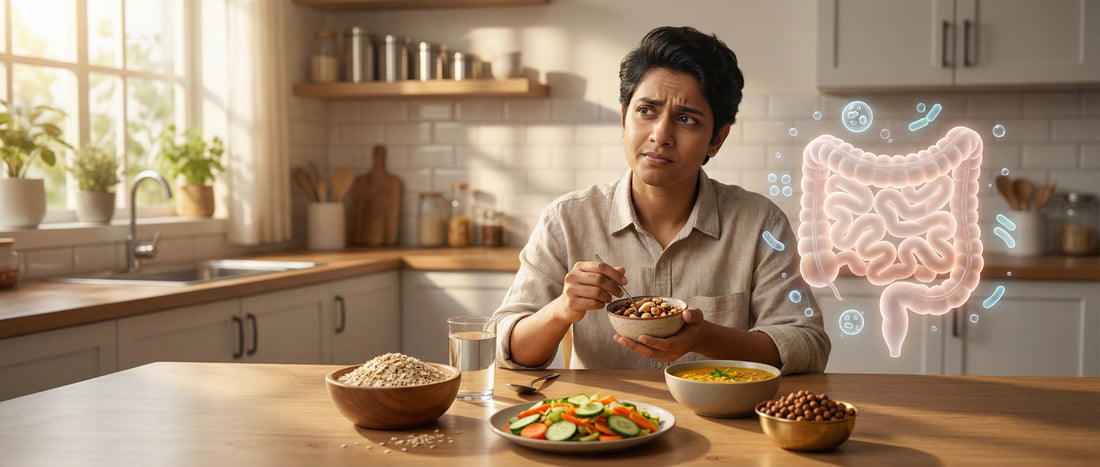 An Indian adult sitting at a dining table with fiber-rich foods like oats, dal, salad, and chickpeas, with a gut and microbiome illustration showing why fiber tolerance varies between individuals.