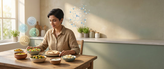 Indian vegetarian meal with roti, dal, vegetables, and dairy foods, illustrating why vegetarians are more prone to vitamin B12 deficiency and how diet affects long-term health.