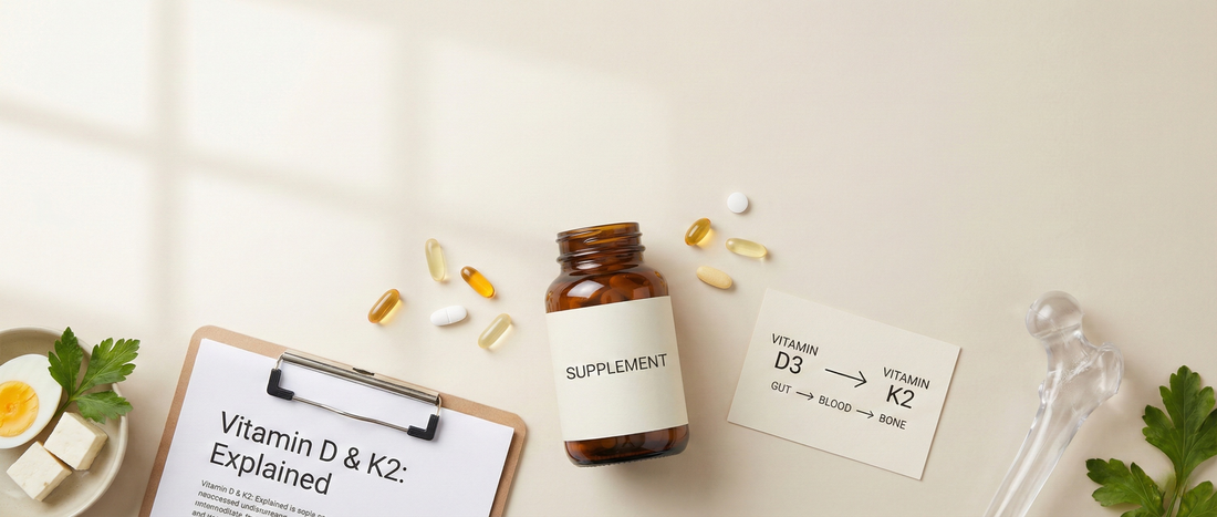 A clean educational flat lay showing vitamin D3 and vitamin K2 supplements with a bone model and sunlight, explaining their common pairing for calcium support.