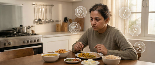 Indian adult showing subtle zinc deficiency symptoms such as hair thinning, tired eyes, and skin concerns, with zinc-rich foods on the table for nutrition awareness.