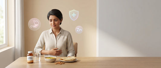 Indian adult experiencing mild stomach discomfort after taking zinc supplements, illustrating common zinc side effects from excessive intake