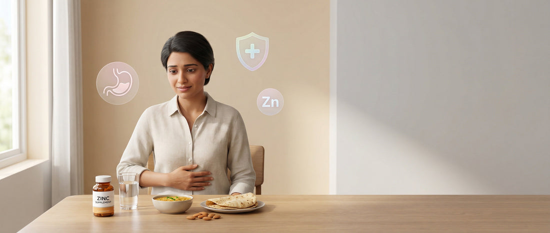 Indian adult experiencing mild stomach discomfort after taking zinc supplements, illustrating common zinc side effects from excessive intake