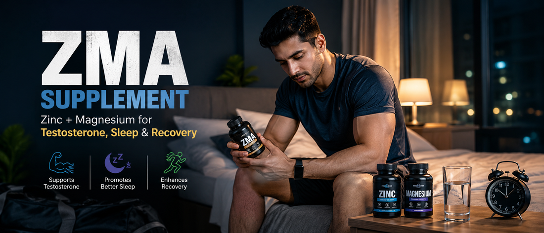 Healthy athletic man holding zinc and magnesium supplements after workout, representing ZMA benefits for testosterone support, better sleep and muscle recovery.