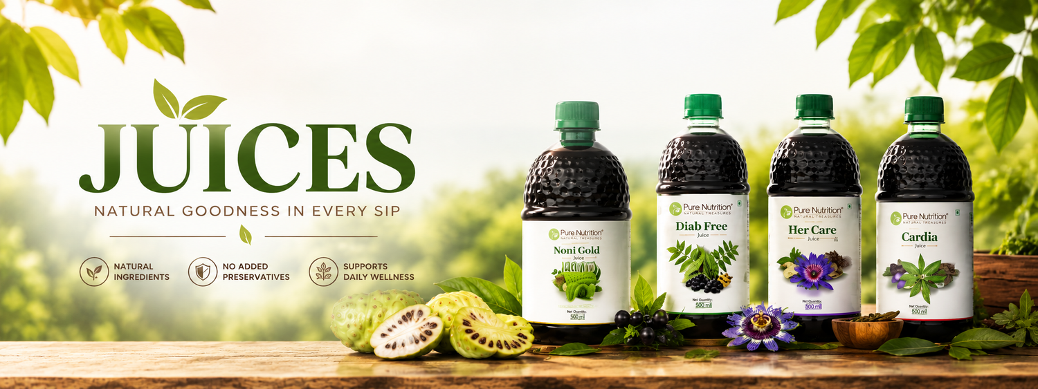Pure Nutrition herbal juices including Noni Gold, Diab Free, Her Care and Cardia