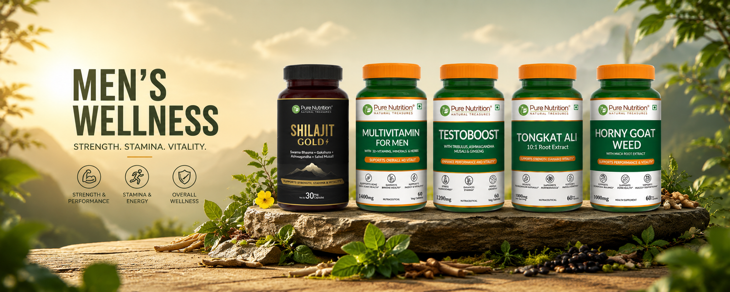 Pure Nutrition men's wellness supplements including Shilajit, Multivitamin and Testoboost
