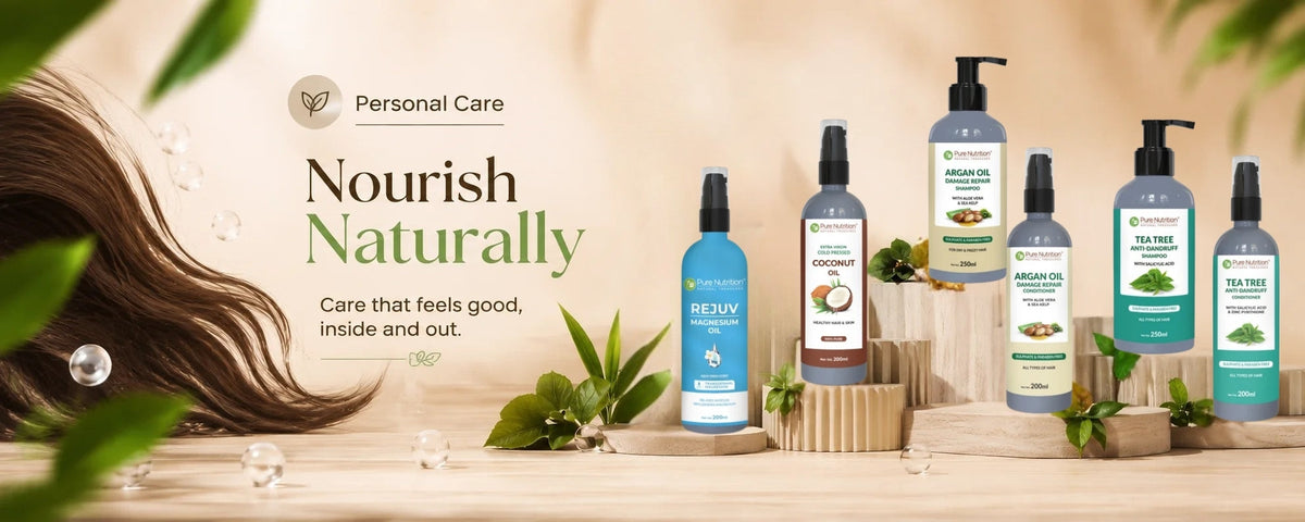 Personal Care natural hair care collection with shampoos and hair oils by Pure nutrition
