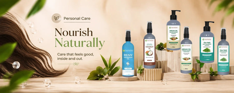 Personal Care natural hair care collection with shampoos and hair oils by Pure nutrition