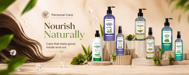 Personal Care natural hair care collection with shampoos and hair oils by Pure nutrition