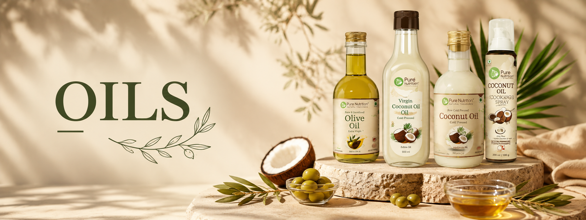 Pure Nutrition oils collection with olive and coconut oils
