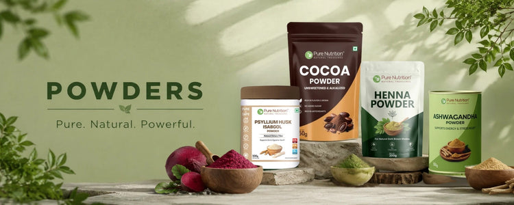 Pure Nutrition natural powders collection with beetroot, indigo, henna and ashwagandha powders
