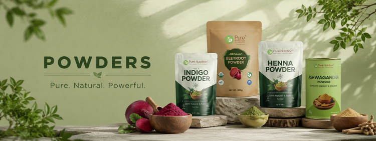 Pure Nutrition natural powders collection with beetroot, indigo, henna and ashwagandha powders