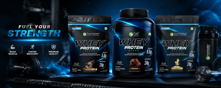 Pure Nutrition whey protein blend in chocolate, cafe mocha and kulfi flavour