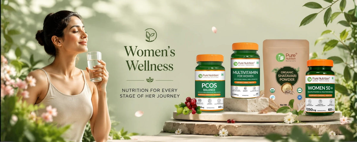 Women's wellness supplements by Pure Nutrition featuring women's multivitamin, shatavari and cranberry