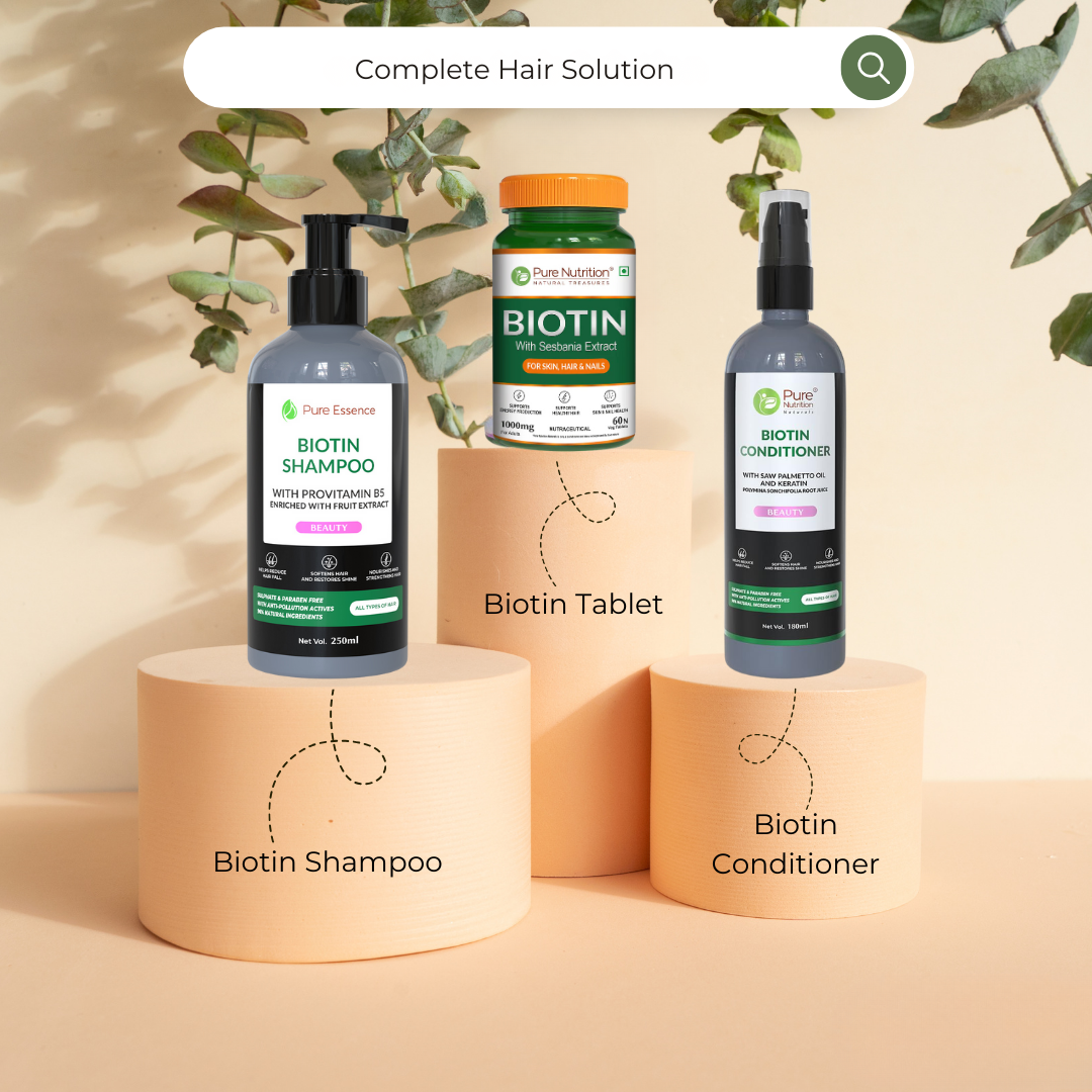 Complete Biotin Hair Care Solution Pack - Shampoo, Conditioner, and Biotin Tablets with Ayurvedic Extracts - 60 Tablets | Supports Healthy Hair Growth