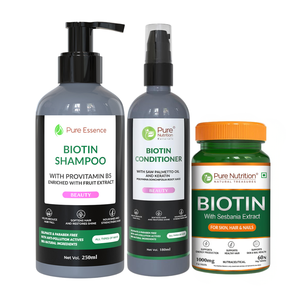 Complete Biotin Hair Care Solution Pack - Shampoo, Conditioner, and Biotin Tablets with Ayurvedic Extracts - 60 Tablets | Supports Healthy Hair Growth
