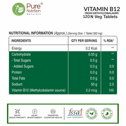 Vitamin B12 from Methylcobalamin - 120 Vegetarian Tablets | Supports Energy and Overall Wellness for Men and Women