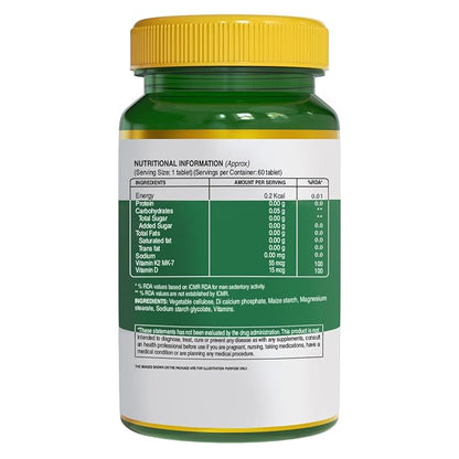 Vitamin K2 MK-7 - 60 Veg Tablets | Supports Bone Health, Heart Function, and Calcium Absorption | Daily Dietary Supplement for Men & Women