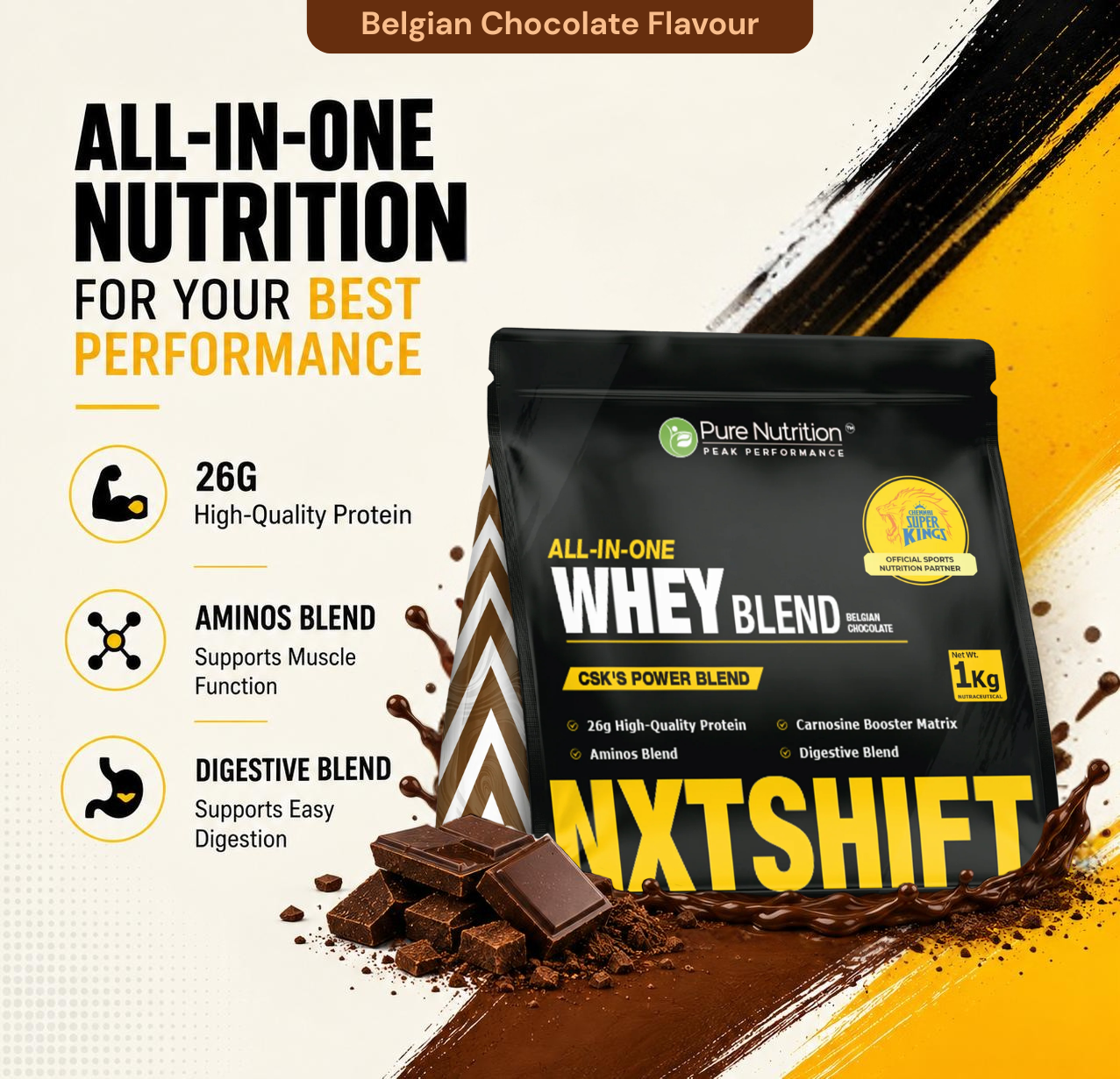 NXTShift All-in-One Whey Protein Blend  26g Protein | 1kg | Complete Formula