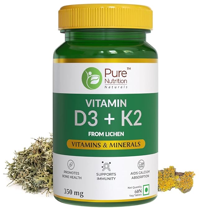 Vitamin D3 + K2 from Lichen - 60 Vegetarian Tablets | Supports Joints, Bone Health, Immunity, and Calcium Absorption