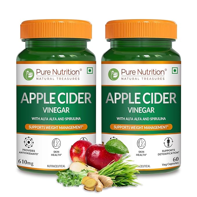 Apple Cider Vinegar with Wheat Grass and Spirulina - 60 Veg Capsules | Supports Detox and Weight Management