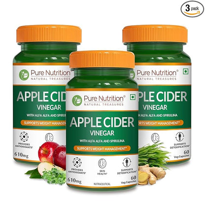 Apple Cider Vinegar with Wheat Grass and Spirulina - 60 Veg Capsules | Supports Detox and Weight Management