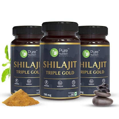 Shilajit Triple Gold with Gokhru, Ashwagandha, Safed Musali, and Shatavari - 30 Vegetarian Capsules | Supports Vitality and Wellness