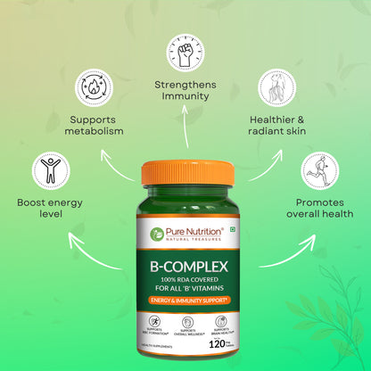 Pure Nutrition B-Complex – 100% RDA of B Vitamins | Energy & Immunity Support | 120 Veg Tablets