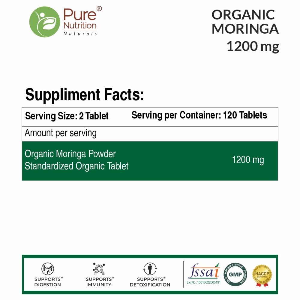 ਸ਼ੁੱਧ ਪੋਸ਼ਣ ਜੈਵਿਕ ਮੋਰਿੰਗਾ (1200mg) ਪ੍ਰਤੀਰੋਧਕ ਸ਼ਕਤੀ, ਸਿਹਤਮੰਦ ਪਾਚਨ ਅਤੇ ਭੁੱਖ ਲਈ 100% ਕੁਦਰਤੀ - 120 ਸ਼ਾਕਾਹਾਰੀ ਗੋਲੀਆਂ 