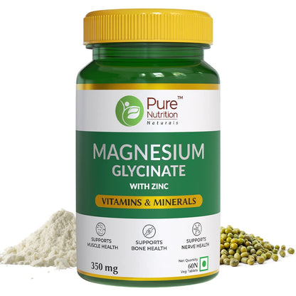 Magnesium Glycinate + Zinc, 60 Veg Tablets | For Bone, Muscle & Nerve Health l Better Relaxation & Sleep Quality | Helps Ease Period Cramps | Supports Stress Relief & Heart Health