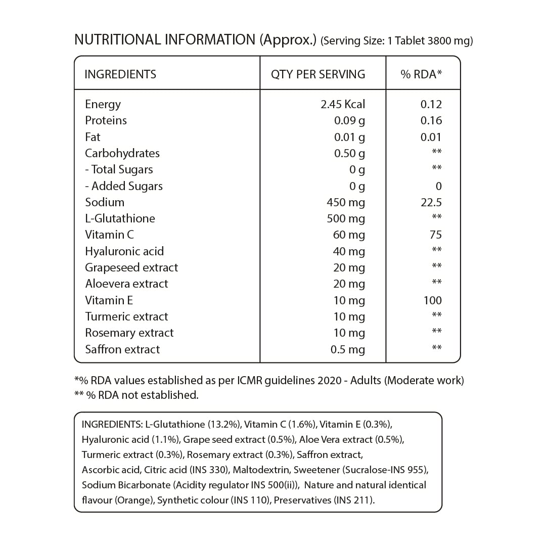 Glutathione 600mg with Vitamin C & Saffron | Skin Radiance, Glow & Pigmentation Reduction - 15 Effervescent Tabs