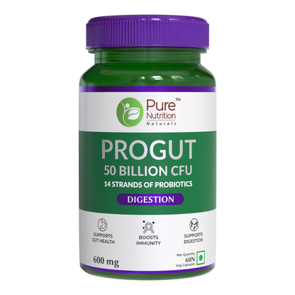 Progut 50 Billion CFU, 60 Veg Capsules | Probiotic & Prebiotic for Digestive Health & Immunity