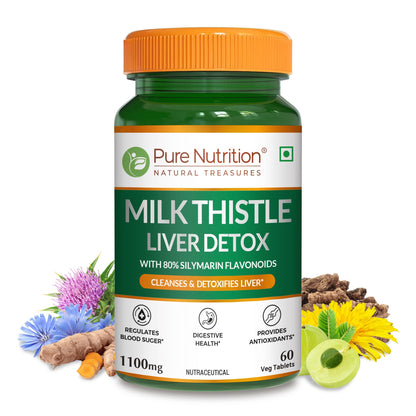 Milk Thistle Liver Detox - 60 Veg Tablets with 80% Silymarin Flavonoids for Liver Health