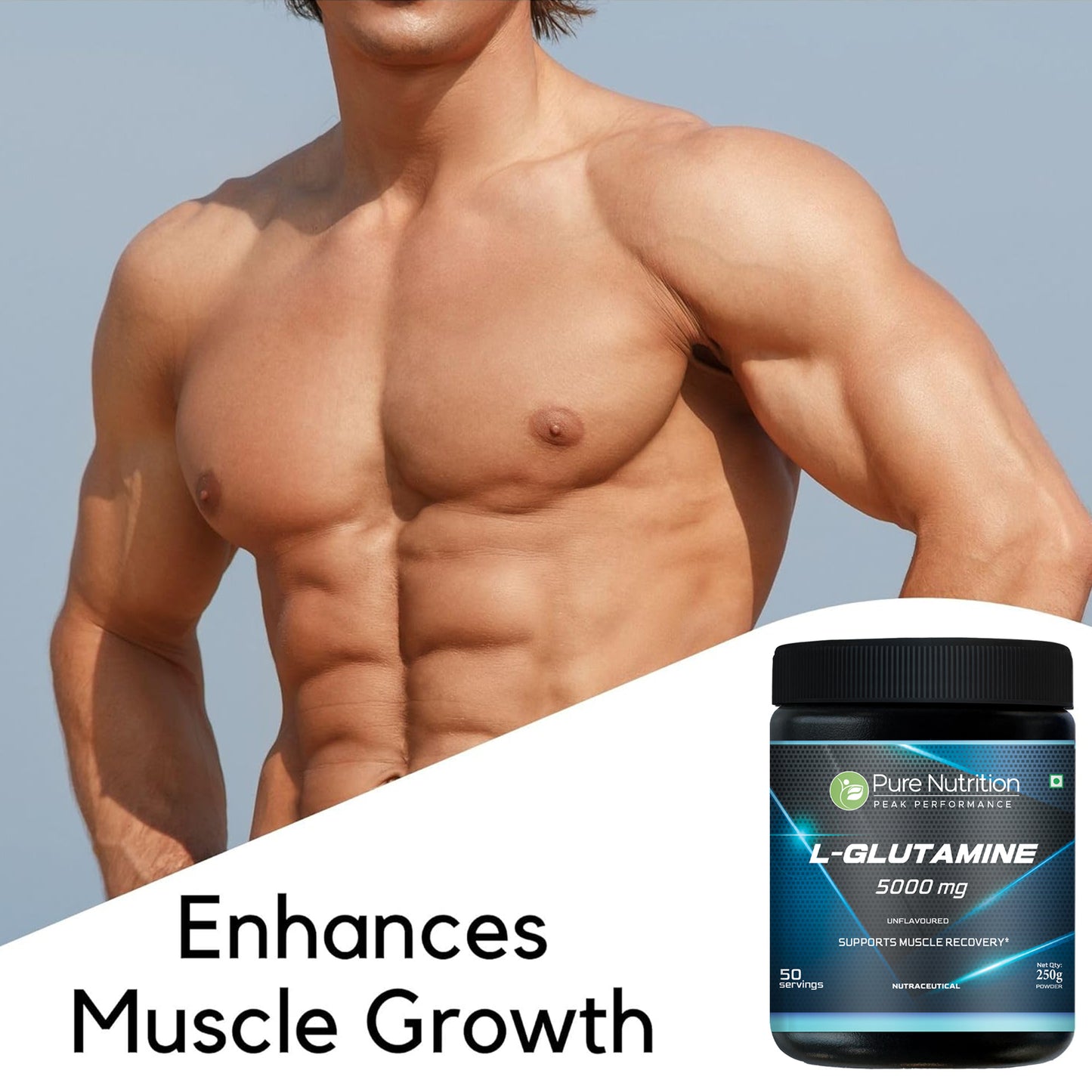 L-Glutamine Powder 5000 mg | Unflavoured | 100% L-Glutamine | 250 g | 50 Servings | Post Workout Recovery Supplement