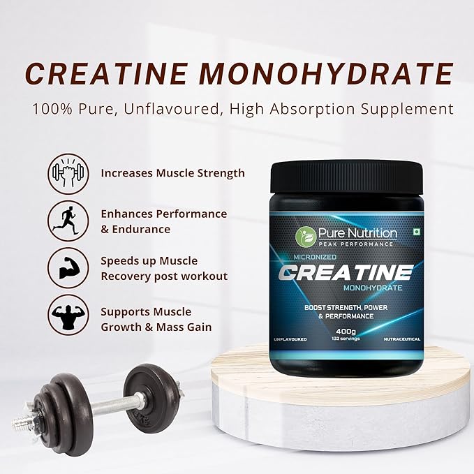 Pure Nutrition Micronised Creatine Monohydrate Powder (400g), Pre/Post Workout Supplement, Instant Energy for Athletic Performance, Fast Recovery, Increased Muscle Mass, Unflavoured, 33 Servings