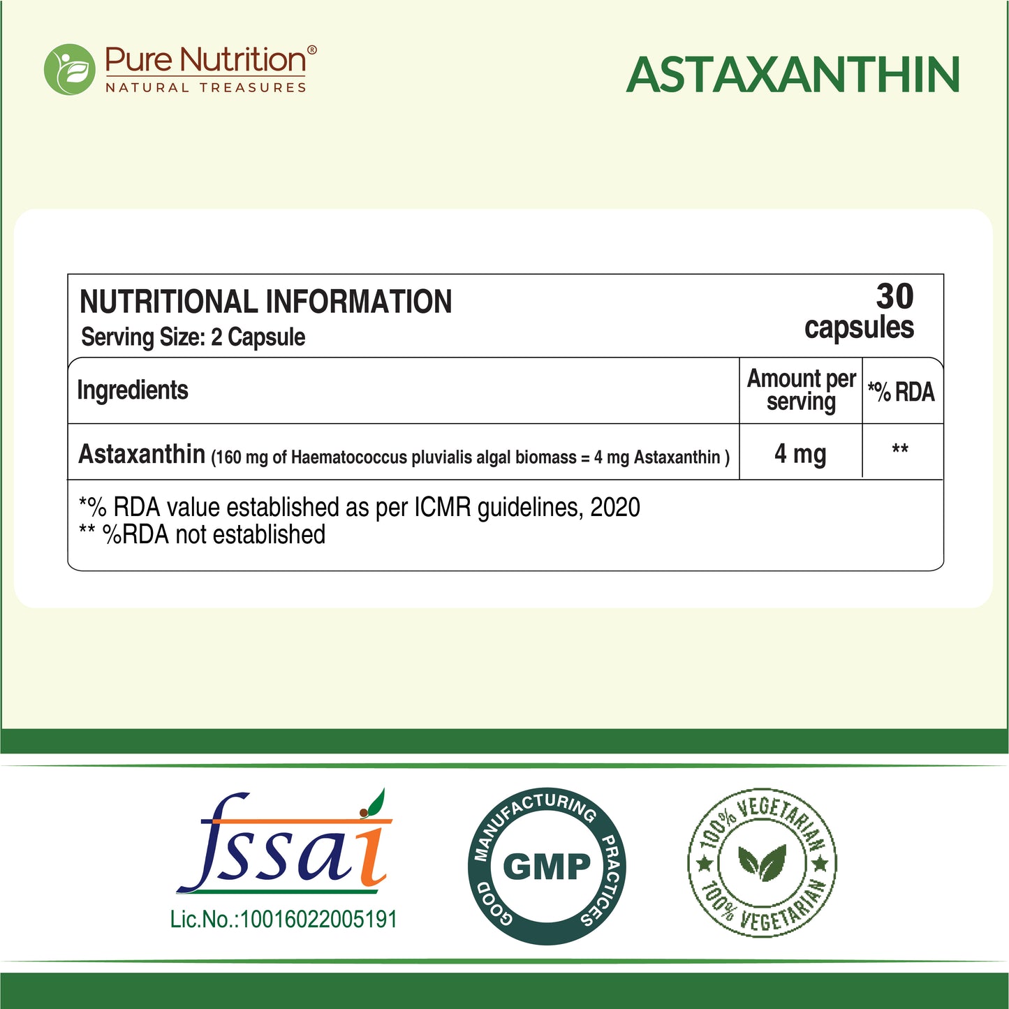 Pure Nutrition Astaxanthin 4 mg | 60 Veg Capsules | Potent Antioxidant for Eye, Skin & Muscle Health