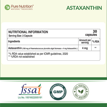 Pure Nutrition Astaxanthin 4 mg | 60 Veg Capsules | Potent Antioxidant for Eye, Skin & Muscle Health