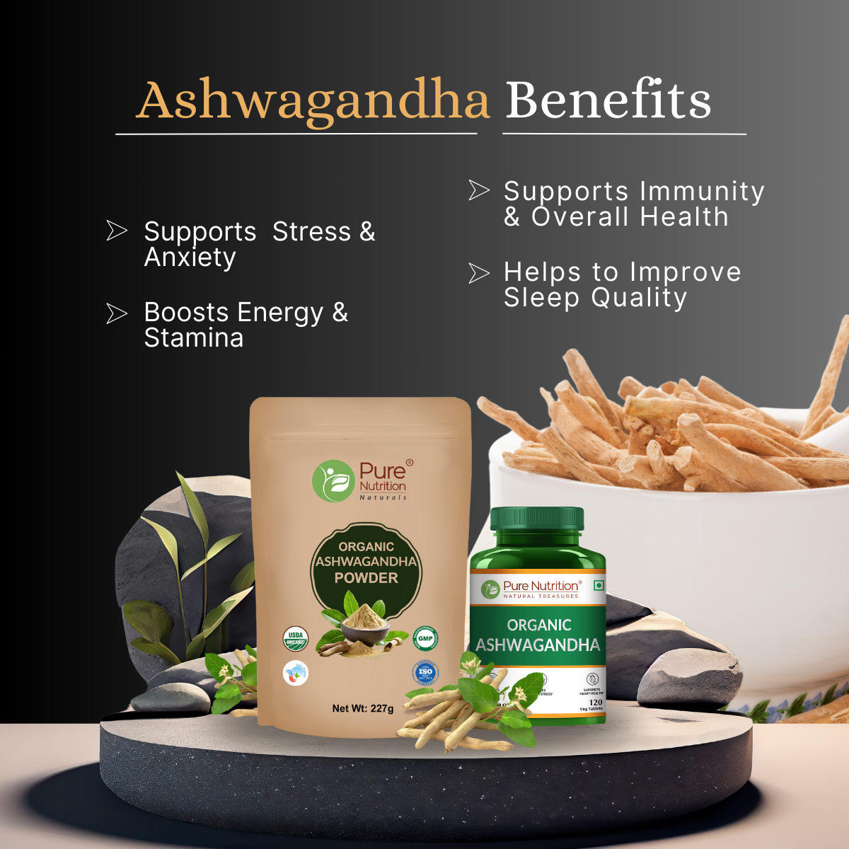 Pure Nutrition Ashwagandha Powder (227g) + Ashwagandha Tablets (120 Tablets) | Herbal Daily Wellness Combo