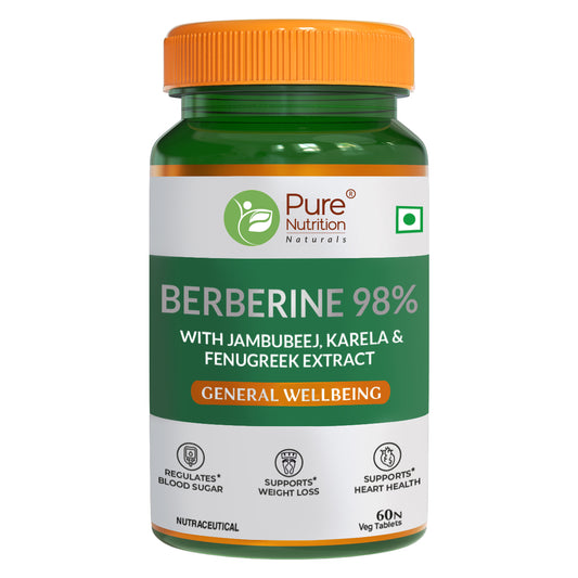 Pure Nutrition Berberine 98% - Supports Blood Sugar, Weight Loss & Heart Health-60 veg Tabs