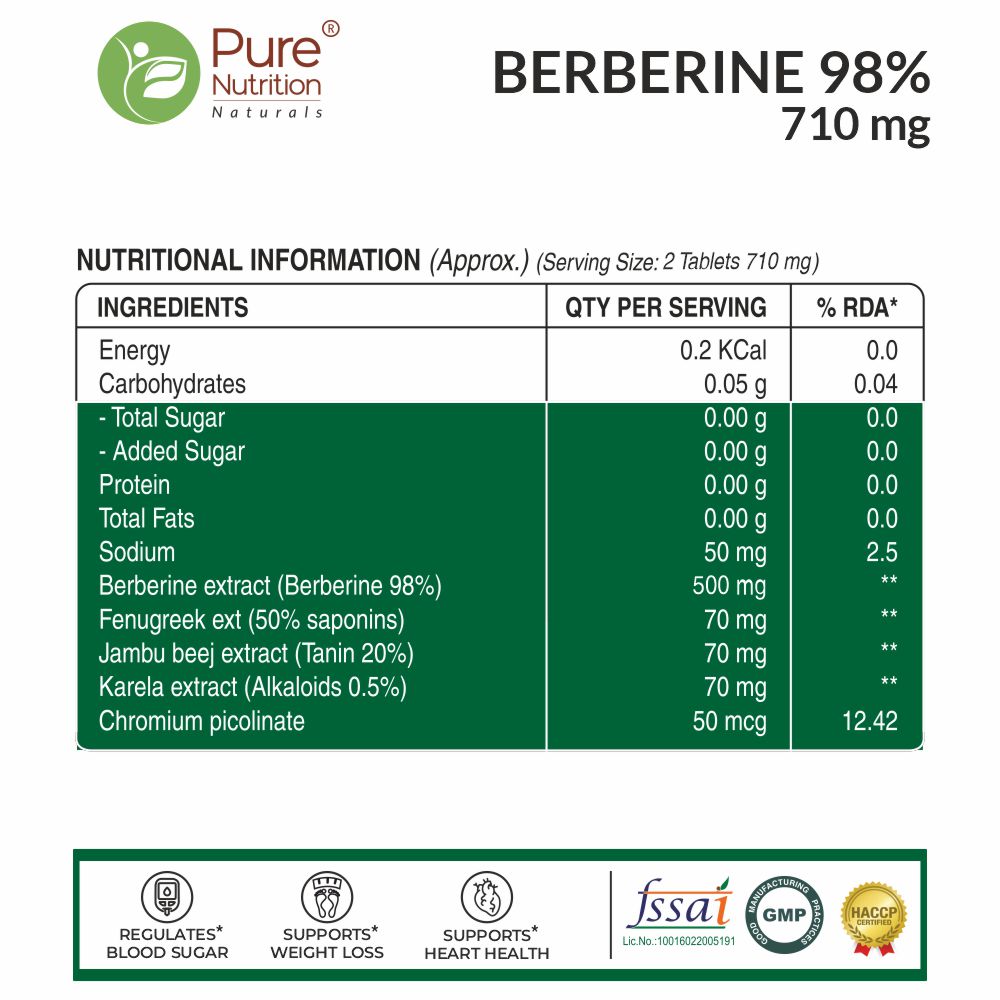 Pure Nutrition Berberine 98% - Supports Blood Sugar, Weight Loss & Heart Health-60 veg Tabs