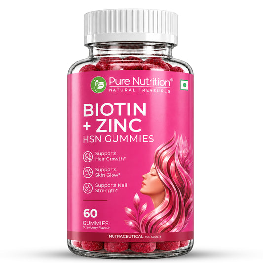 Biotin + Zinc Gummies for Adults | Hair, Skin & Nail Nutrition Support | Strawberry Flavour | 60 Gummies