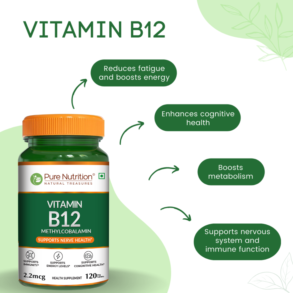 Vitamin B12 from Methylcobalamin - 120 Vegetarian Tablets | Supports Energy and Overall Wellness for Men and Women