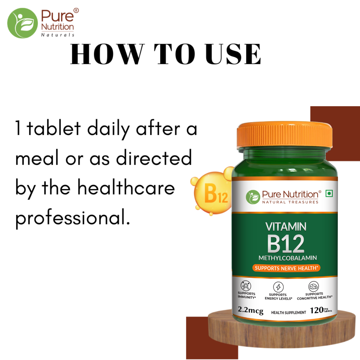 Vitamin B12 from Methylcobalamin - 120 Vegetarian Tablets | Supports Energy and Overall Wellness for Men and Women