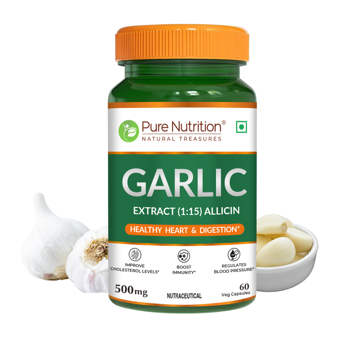 Garlic Extract – Supports Heart Health & Immunity – 500mg Allicin-Rich Formula – 60 Capsules