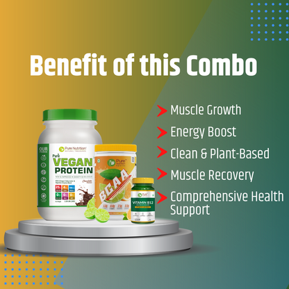 Pure Nutrition Muscle & Vitality Combo | Vegan Plant Protein Powder (Chocolate) 1Kg, BCAA (Lemon Orange) 250gm , Vitamin B12 (60 Veg Tablets) - Boost Muscle Growth, Muscle Recovery & Promotes Brain & Nerve Health